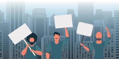 un groupe d'hommes proteste avec des banderoles. le concept de grèves citoyennes. illustration vectorielle. vecteur