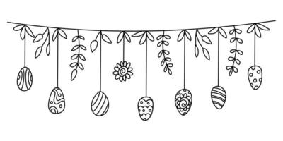 une jolie guirlande d'oeufs de pâques décorée de feuilles et de fleurs dans un style de croquis de doodle. idéal pour les cartes de vœux, les affiches. illustration vectorielle dessinée à la main à l'encre noire. contour isolé vecteur