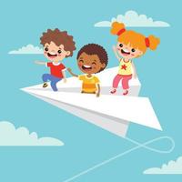 dessin animé enfants volant avec un avion en papier vecteur