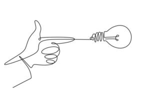 dessin continu d'une ligne de la main pointant une ampoule. vecteur