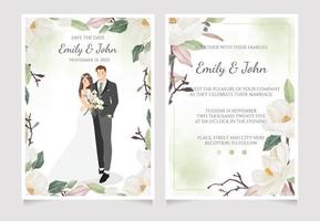 mignon jeune couple de mariage indien sur aquarelle bouquet de fleurs de magnolia blanc collection de modèles de cartes d'invitation de mariage vecteur
