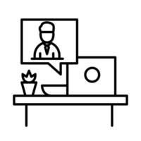 Bureau avec ordinateur portable et homme dans la conception de vecteur d & # 39; icône de style ligne bulle chat vidéo
