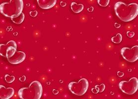 fond d'effet de verre coeurs 3d transparent réaliste. coeurs de bulle de savon brillant sur fond rouge avec des points brillants. bannière de la saint valentin. vecteur