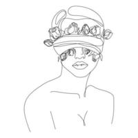 visage de femme ligne abstraite avec bandeau sur les yeux et fleurs roses.illustration de mode fille surréaliste.logo, icône, étiquette.portrait vectoriel d'une femme, dessin minimaliste. concept de beauté, impression de t-shirt, carte postale, affiche