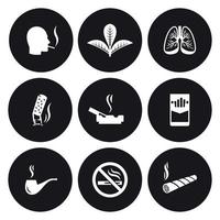 fumer, jeu d'icônes de cigarette. blanc sur fond noir vecteur