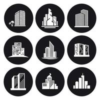ensemble d'icônes de bâtiments. blanc sur fond noir vecteur