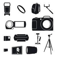 ensemble d'icônes sur un thème accessoires, biens, équipement pour silhouette photo et vidéo en couleurs grises vecteur