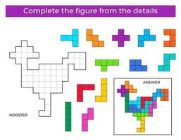 jeu de puzzle avec coq. détails colorés pour les enfants. figure complète. jeu éducatif pour les enfants, activité de feuille de calcul préscolaire. puzzle. illustration vectorielle. vecteur