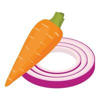 vecteur isométrique d'icône de légumes frais. carotte crue entière et icône de rondelle d'oignon rouge