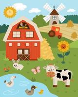 illustration de paysage de ferme de vecteur. scène de village rural avec animaux, grange, tracteur. joli fond de nature printanière ou estivale avec étang, prairie, vache. carte de terrain de pays pour les enfants vecteur