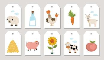 adorables cartes d'étiquettes de prix de la ferme avec tracteur, grange, agriculteur, vache. image vectorielle modèles d'impression de village de campagne avec vache, lait, poule, pomme, pile de foin, tournesol. conception de campagne pour les tags, les annonces vecteur