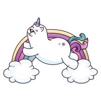 licorne de chat mignon avec arc-en-ciel et nuages vecteur