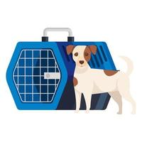 chien mignon avec boîte de transport pour animaux de compagnie vecteur