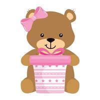 mignon ours en peluche femelle avec boîte cadeau rose vecteur