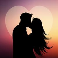 Silhouette d'un couple s'embrassant sur un fond de coeur vecteur