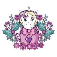 tête de fantaisie de licorne mignon en tasse avec décoration de fleurs vecteur