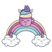 Licorne de coupe mignonne avec icône de style kawaii arc-en-ciel et nuages vecteur