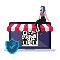 code qr dans un ordinateur portable avec bouclier et femme d & # 39; affaires vecteur