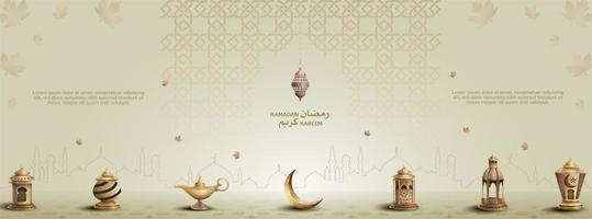 conception de cartes de voeux islamique eid mubarak avec de belles lanternes dorées et un croissant de lune vecteur