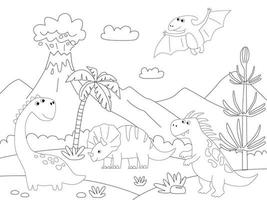 un dinosaure dessin animé mignon animal fond paysage préhistorique coloration scène de contour. page de coloriage imprimable de vecteur pour les enfants en style cartoon