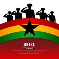 conception heureuse de la fête de l'indépendance du ghana avec silhouette de soldats et vecteur de drapeau ondulé