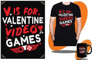 v est pour la conception de t-shirt de jeux vidéo de la Saint-Valentin ou la conception et le vecteur de t-shirt pour enfants de jeu