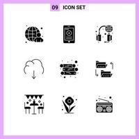 interface mobile glyphe solide ensemble de 9 pictogrammes d'énergie multimédia aide à télécharger des éléments de conception vectoriels modifiables en nuage vecteur