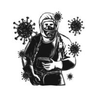 coronavirus avec médecin portant une combinaison de protection gravure sur bois vecteur