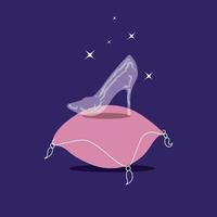 chaussure en cristal de cendrillon sur un oreiller rose sur fond sombre. chaussures de marque de princesse. illustration vectorielle. vecteur