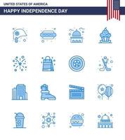 pack de 16 signes de blues de célébration de la fête de l'indépendance des états-unis et symboles du 4 juillet tels que le muffin de thanksgiving bâtiment dessert blanc modifiable usa day vector design elements