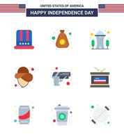 joyeux jour de l'indépendance 9 appartements pack d'icônes pour le web et l'impression armée pistolet bâtiment chapeau usa modifiable usa day vector design elements