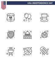 pack de 9 lignes de célébration de la fête de l'indépendance des états-unis et symboles du 4 juillet tels que le capitole des états-unis bouclier américain américain modifiable éléments de conception vectorielle de la journée des états-unis vecteur