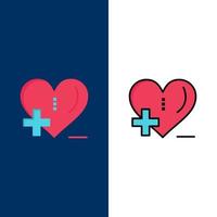 amour soins de santé hôpital soins cardiaques icônes plat et ligne remplie icône ensemble vecteur fond bleu