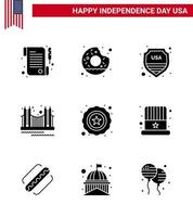 ensemble de 9 pack de glyphes solides modernes sur la fête de l'indépendance des états-unis bouclier de tourisme de la police point de repère modifiable éléments de conception vectorielle de la journée des états-unis vecteur