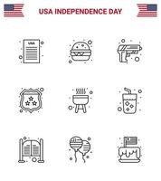 bonne fête de l'indépendance pack de 9 lignes signes et symboles pour l'alcool barbecue armée barbecue bouclier modifiable usa day vector design elements