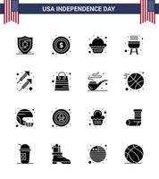 joyeux jour de l'indépendance pack de 16 glyphes solides signes et symboles pour sac feu d'artifice dessert feu cuisinier modifiable usa day vector design elements