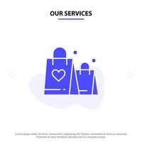 nos services sac à main amour coeur mariage solide glyphe icône modèle de carte web vecteur