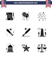 joyeux jour de l'indépendance 9 pack d'icônes de glyphes solides pour le web et l'impression monument usa fire sports baseball modifiable usa day vector design elements