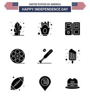 usa joyeux jour de l'indépendance ensemble de pictogrammes de 9 glyphes solides simples de baseball livre américain vidéo movis modifiables usa day vector design elements