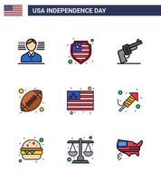 joyeux jour de l'indépendance pack de 9 lignes remplies à plat signes et symboles pour feu travail drapeau arme pays sports modifiables usa day vector design elements