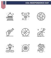9 usa ligne pack de signes et symboles de la fête de l'indépendance des sports backetball oiseau américain main modifiable usa jour vecteur éléments de conception