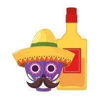 Crâne mexicain isolé avec chapeau et conception de vecteur de bouteille de tequila