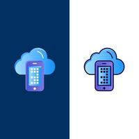 cloud computing icônes de cellule mobile plat et ligne remplie icône ensemble vecteur fond bleu