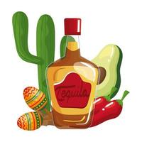 Bouteille de tequila mexicaine piments maracas à l'avocat et conception de vecteur de cactus