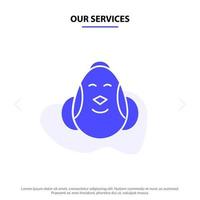 nos services oeuf poulet pâques bébé heureux solide glyphe icône modèle de carte web vecteur