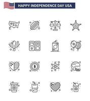 usa joyeux jour de l'indépendance ensemble de pictogrammes de 16 lignes simples d'oiseaux justice américaine police des états unis modifiables éléments de conception de vecteur de jour des états unis