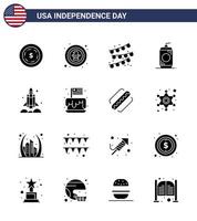 usa indépendance jour glyphe solide ensemble de 16 pictogrammes usa de bruants de lanceur de vaisseau spatial usa cola modifiable usa day vector design elements