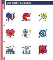 groupe de 9 lignes remplies à plat définies pour le jour de l'indépendance des états-unis d'amérique tels que usa love state heart match modifiable usa day vector design elements