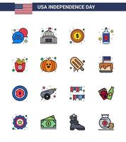 ensemble de 16 icônes de la journée des états-unis symboles américains signes de la fête de l'indépendance pour la nourriture vin signe de bouteille blanche éléments de conception vectoriels de la journée des états-unis modifiables vecteur