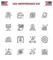 ensemble moderne de 16 lignes et symboles le jour de l'indépendance des états-unis tels que directeur célébration oiseau gâteau sucré modifiable éléments de conception de vecteur de jour des états-unis